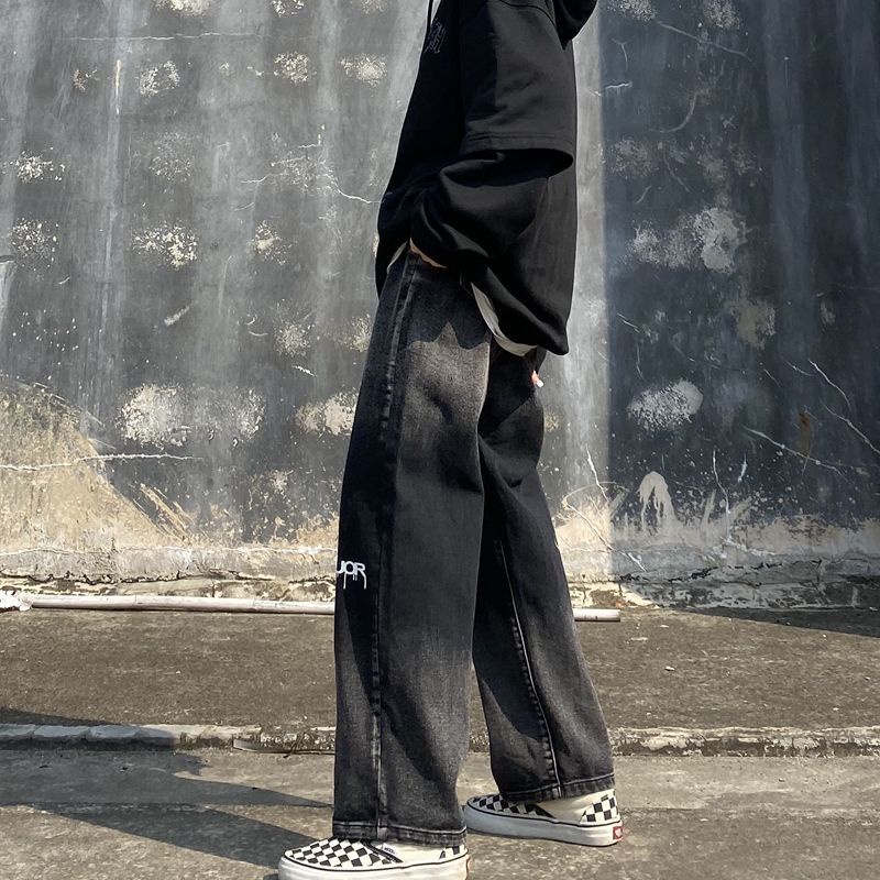 Quần Jean Dài Eo Cao Dáng Rộng In Màu Nhuộm Đen Phong Cách Hàn Quốc Thời Trang Cho Nam Và Nữ