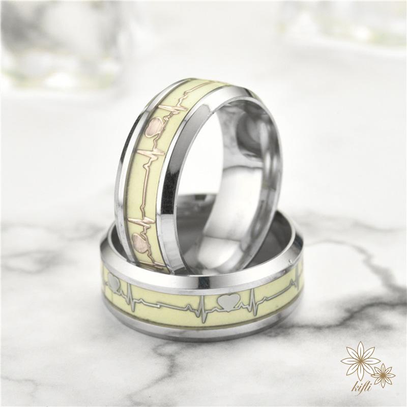 Nhẫn Thép Titan Phát Sáng Trong Đêm Hình Nhịp Tim Dành Cho Cặp Đôi