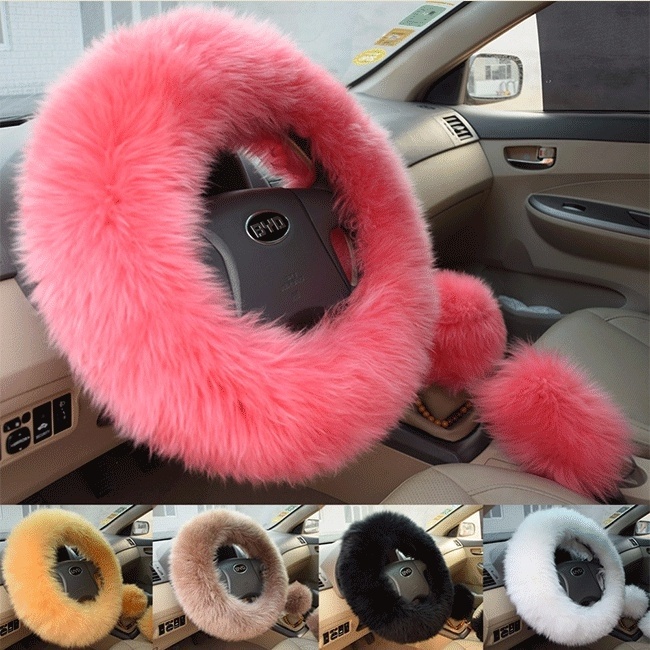 Winter Warm Automotive Interior Soft Wool Steering Wheel Cover Handbrake Accessory
