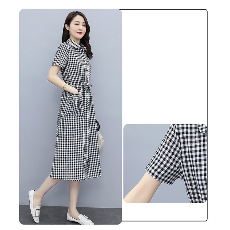 Váy sơ mi váy suông nữ đầm suông sơ mi form rộng họa tiết kẻ caro, kèm dây rút eo