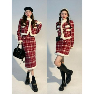 Set Nữ Phong Cách Giáng Sinh Năm Kiểu Mới, Kẻ Caro Màu Đỏ, Áo Khoác, Lông Lá, Váy Ôm body Tôn Dáng Dành Cho Bạn Gái