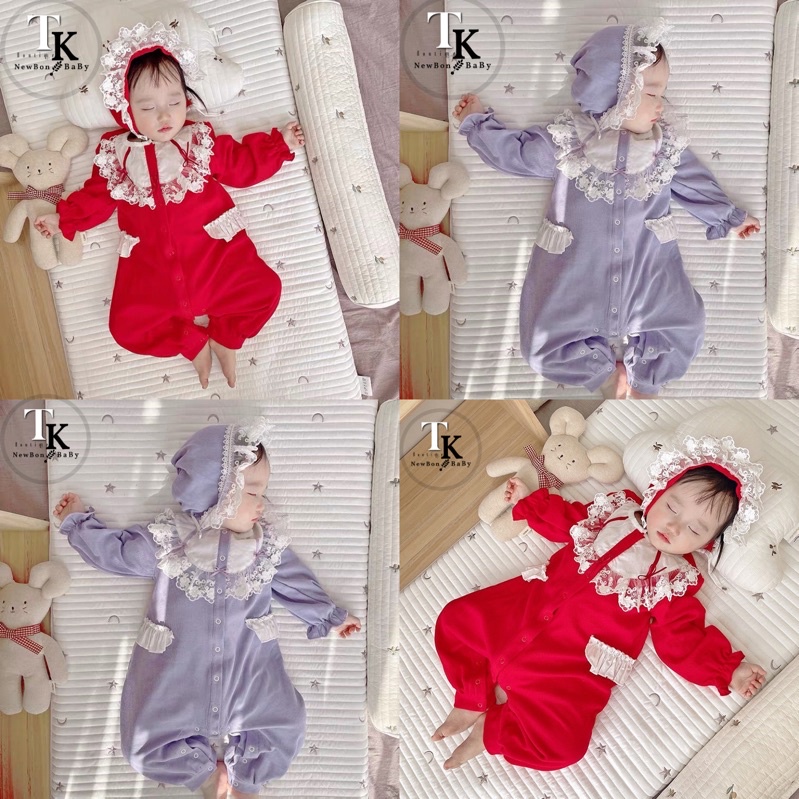 Bộ Áo Liền Quần Kèm Mũ Tiểu Thư 2 Màu Đỏ Tím Cho Bé Gái 0-12 Tháng