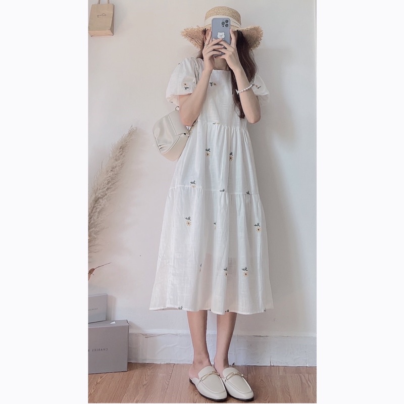 Đầm - váy babydoll hoa nhí tay bồng ( hoa vàng, hoa hồng)