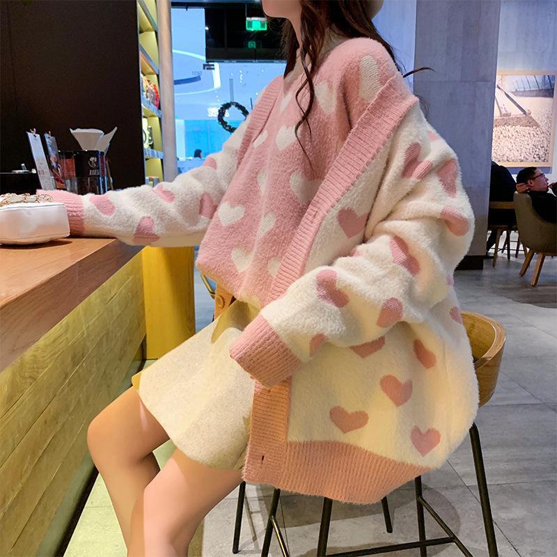 Áo Len Khoác cardigan Dệt Kim Dáng Rộng Hình Trái Tim Xinh Xắn Cho Nữ
