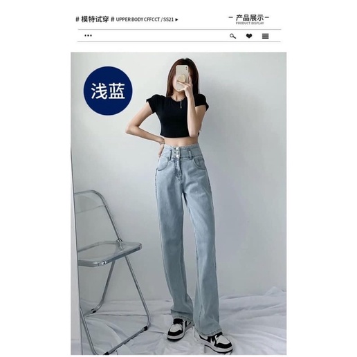 Quần Jeans Nữ Cạp 3 Cúc Màu Xanh Nhạt Ống Suông Lưng Cao Phong Cách Hàn Quốc Năng Động Cá Tính Chất Jean Loại 1