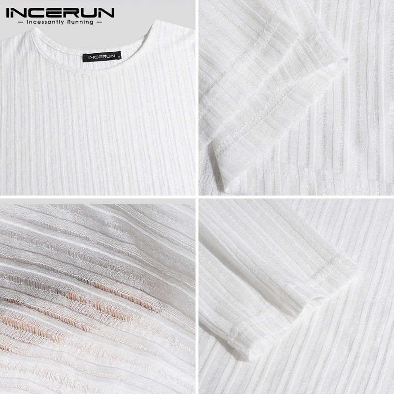 Áo thun nam INCERUN xuyên thấu cổ tròn hoạ tiết sọc dài tay 3 màu sắc thời trang tự chọn