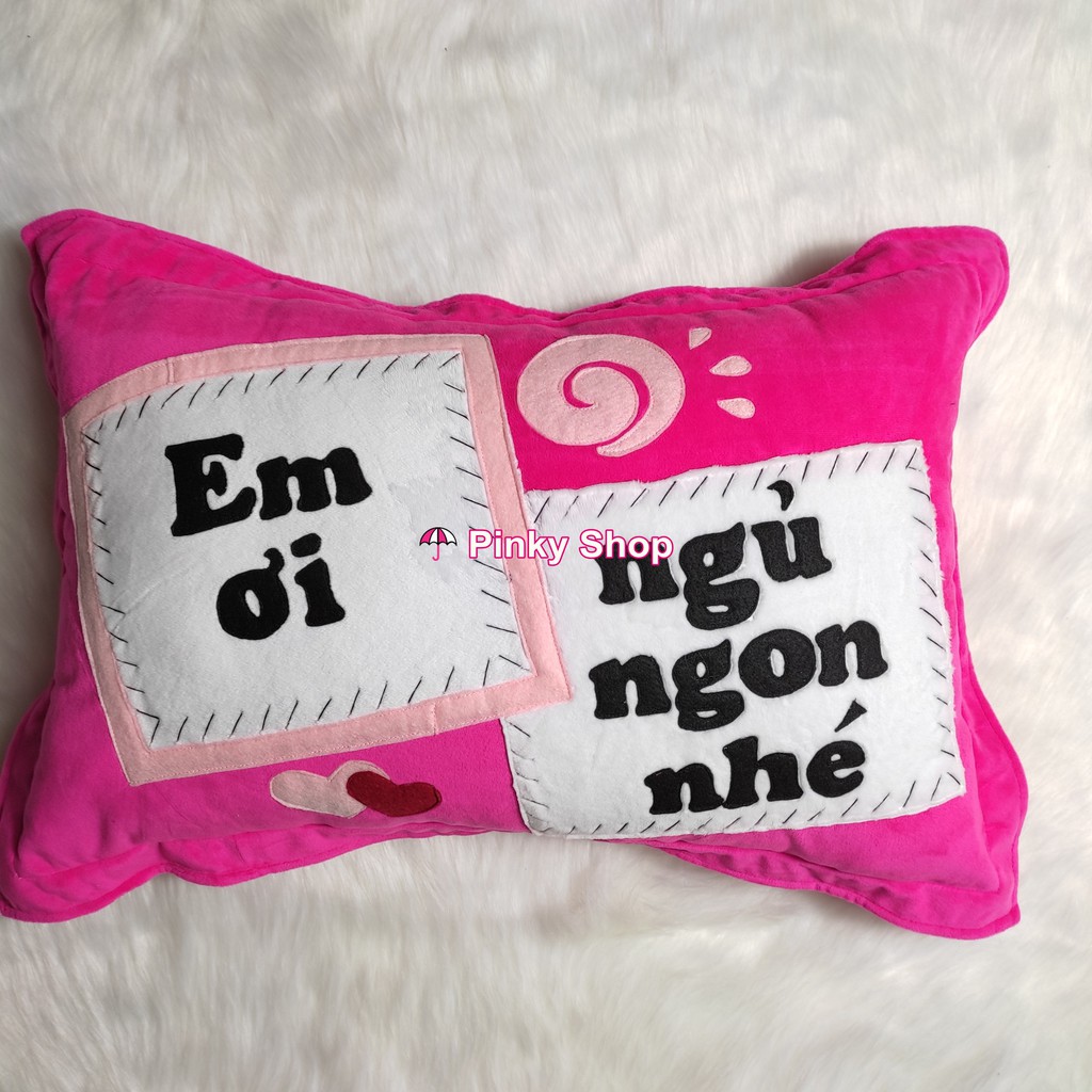Gối handmade thêu chữ "Em Ơi Ngủ Ngon Nhé" mùa hồng, đỏ tặng bạn gái vải nỉ chữ nhật cao cấp Pinky Shop Mã GH15