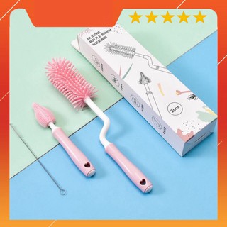 Bộ cọ rửa bình sữa silicon 3 chi tiết tay cầm xoay 360 độ