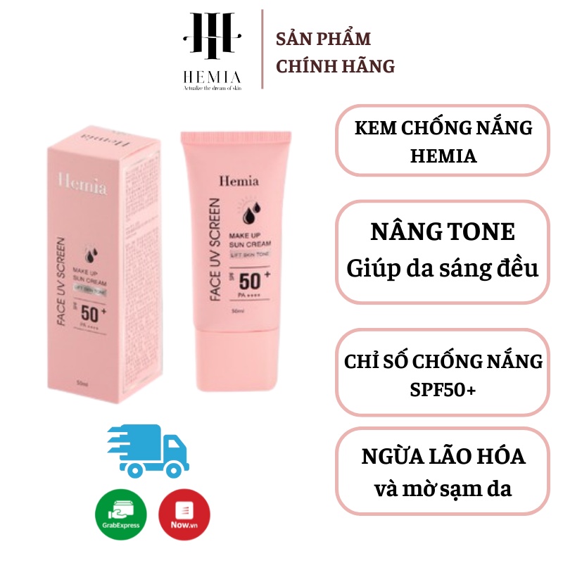 Combo Kem chống nắng 50ml SPF50+ PA++++ và cọ quét mặt nạ Hemia giúp da thấm mướt nhanh, mịn màng