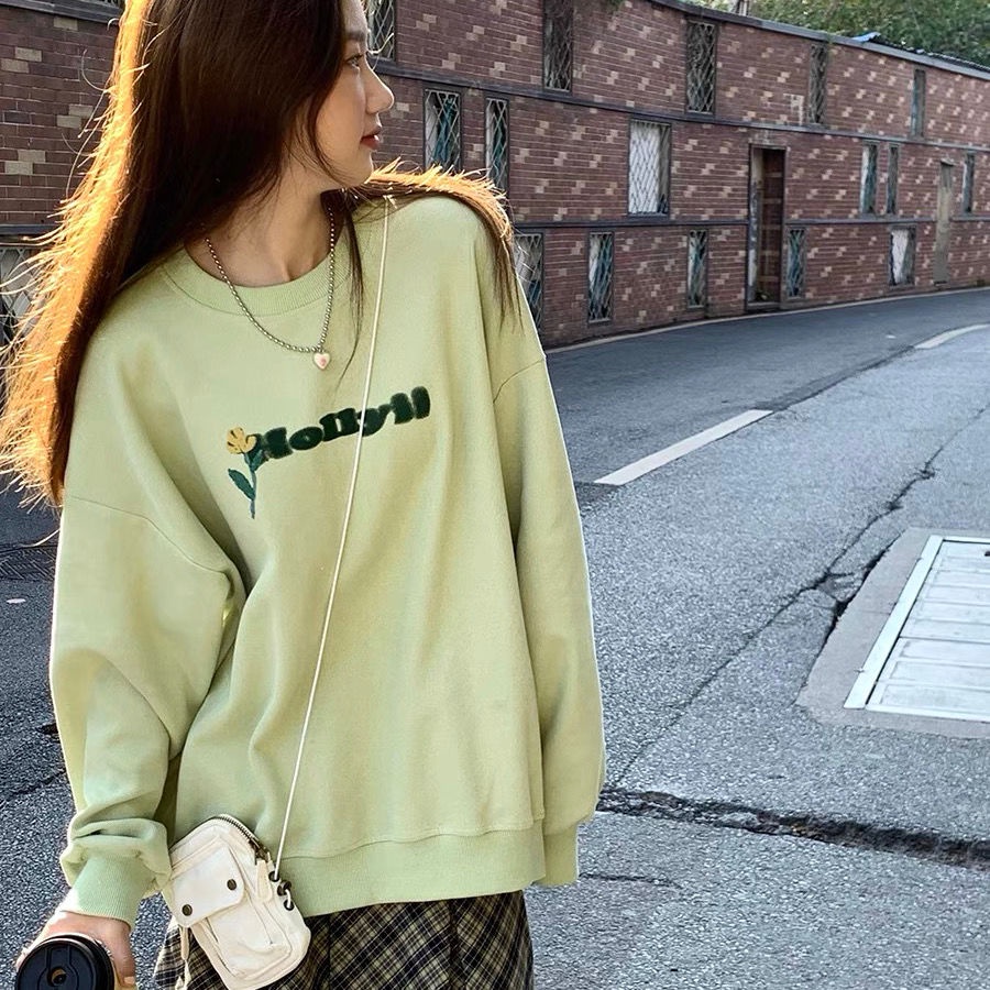 Áo Sweater Dáng Rộng In Họa Tiết Hoa Và Chữ Phong Cách Hàn Quốc Mới Cho Nữ