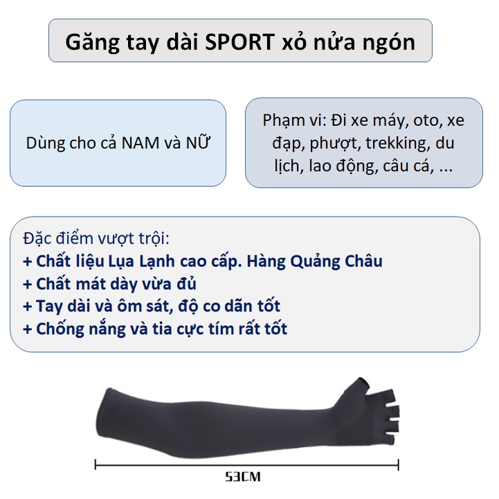 Găng Tay Chống Nắng Nam Nữ Dài SPORT Xỏ Hở Ngón Chống Tia UV Mùa Hè Có Vân Chống Trượt