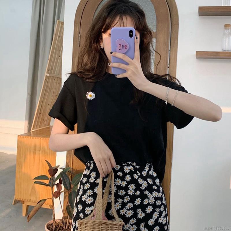 Áo thun nữ tay ngắn in hoa dáng rộng
