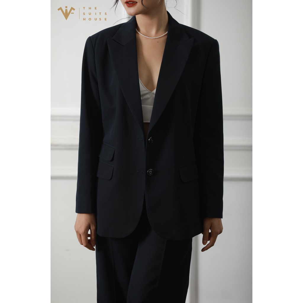 [Mã BMLT30 giảm đến 30K đơn 299K] Bộ vest nữ xanh đen đậm 2 khuy ống rộng, suits sartorial chất cashmere The Suits House