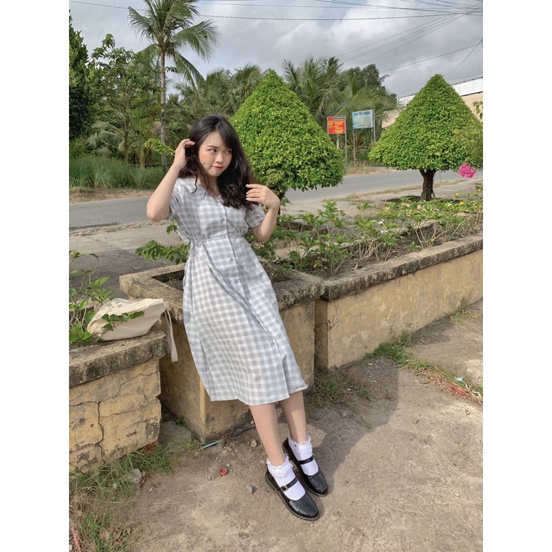Đầm dài kẻ caro nơ eo