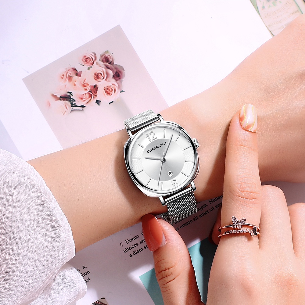 Đồng hồ thạch anh CRRJU 2169 X bằng thép không gỉ chống thấm nước thời trang thể thao thông thường đơn giản cho nữ