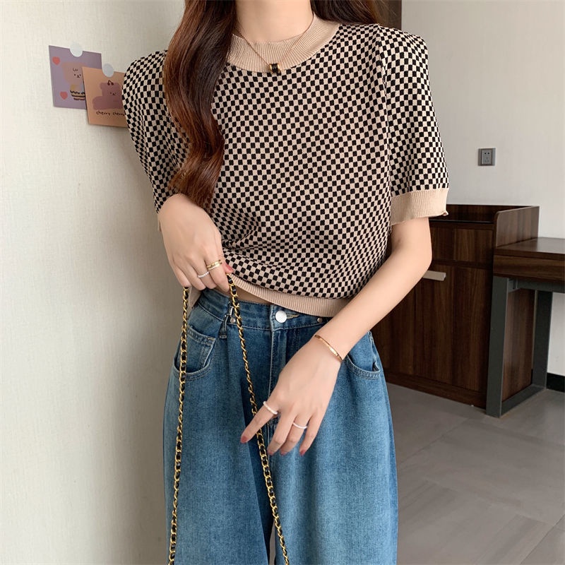 Áo dệt kim Pure Cube ngắn tay họa tiết kẻ sọc caro màu sắc tương phản thời trang mùa hè cho nữ
