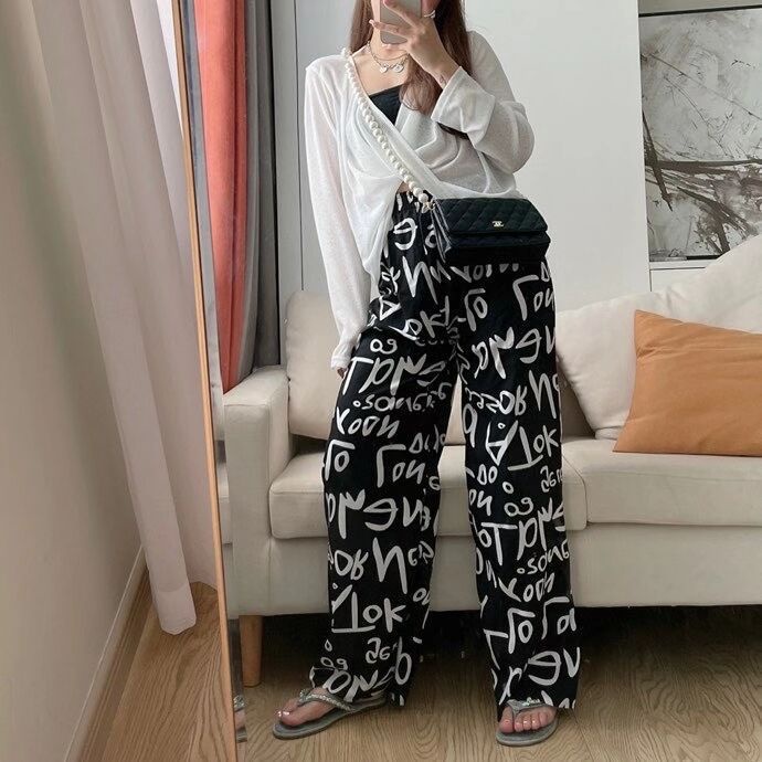 Quần Chiffon Ống Rộng Lưng Thun Co Giãn In Chữ Graffiti Thời Trang Mùa Hè Hàng Mới Dành Cho Bạn Nữ