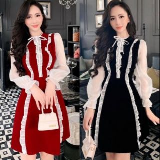 Đầm xòe Tiểu Thư tay dài phối voan lưới viền bèo cổ cột nơ Hàng Thiết Kế