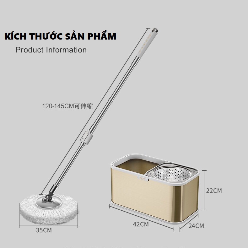 CÂY LAU NHÀ THÔNG MINH TỰ VẮT 360 ĐỘ CHÍNH HÃNG - INOX 304 CAO CẤP KHÔNG GỈ - TẶNG 02 BÔNG LAU