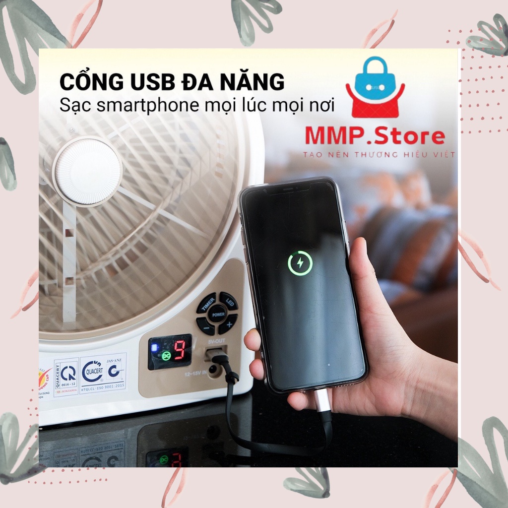 Quạt sạc tích điện dạng hộp AC&DC 12 inch Honjianda FL323 - có đèn LED & USB - 1/2 BÌNH