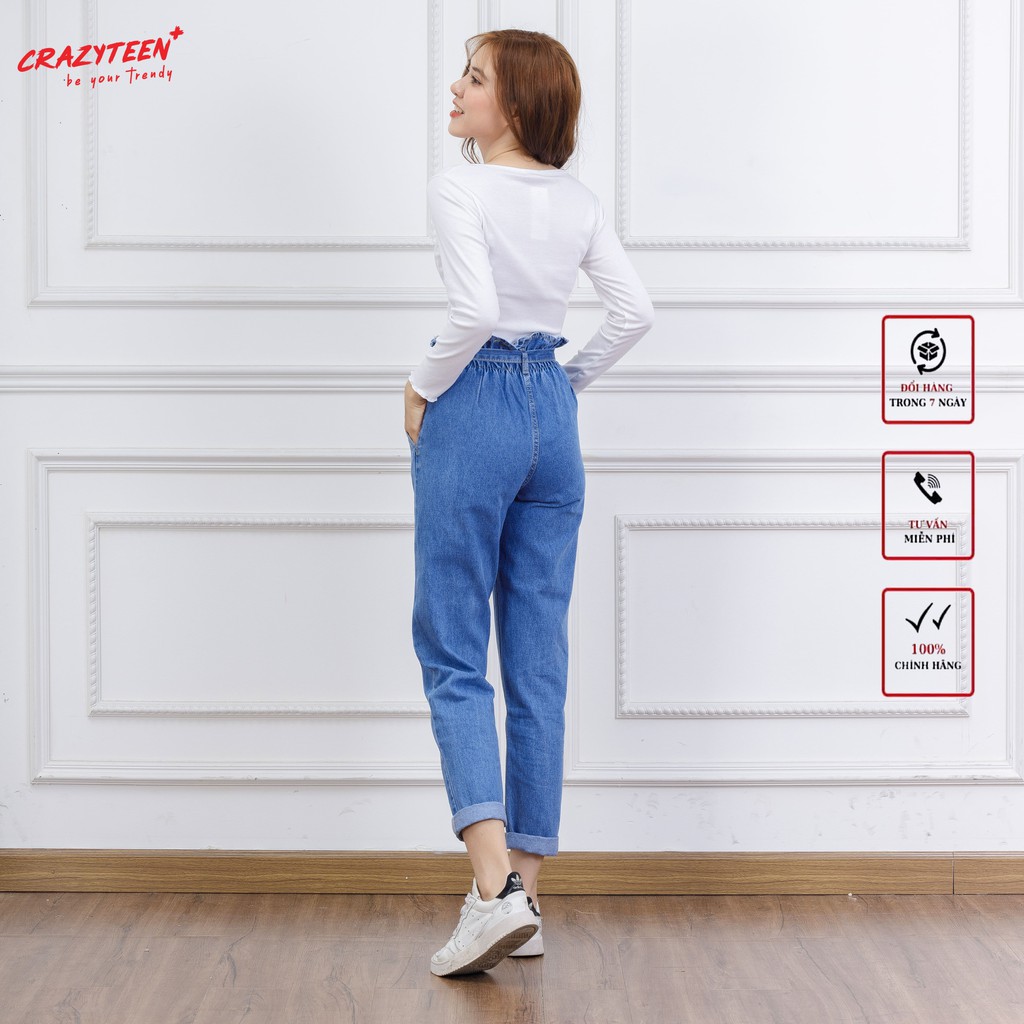 Quần jean nữ CRAZYTEEN dáng baggy lưng bo chun phối nơ trẻ trung K0075