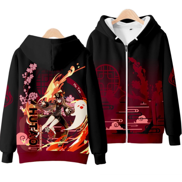 Áo Khoác Hoodie Tay Dài Dáng Rộng Có Khóa Kéo In Họa Tiết Genshin Va Chạm Hu Tao 3D Thời Trang Unisex 2022