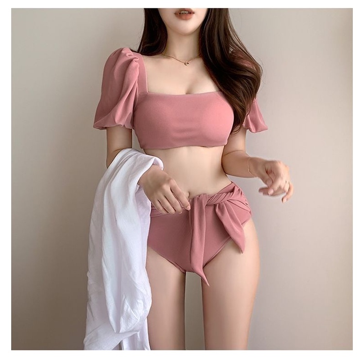 Bộ Đồ Bơi Bikini Hai Mảnh Lưng Cao Thắt Nơ Tay Phồng Màu Hồng / Trắng Phong Cách Mới Dành Cho Bạn  đồ bơi nữ