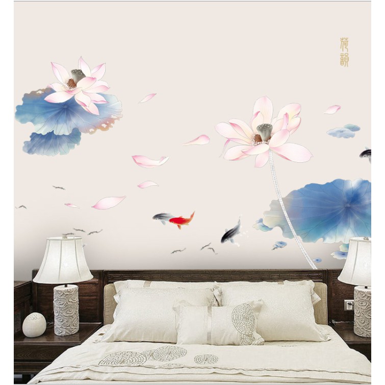 Decal dán tường trang trí - CÁ SEN HỒNG ĐÀI XANH TAO NHÃ THANH LỊCH THANH LỊCH