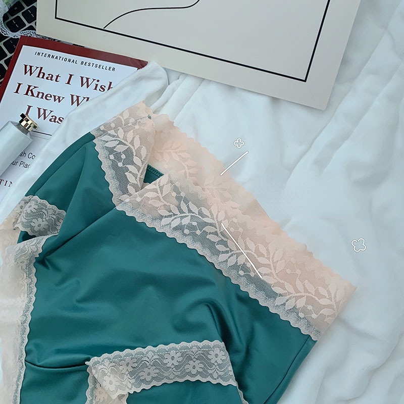 Quần Lót Lụa Lạnh Phối Ren Lưng Cao Cỡ Vừa Thời Trang Cho Nữ