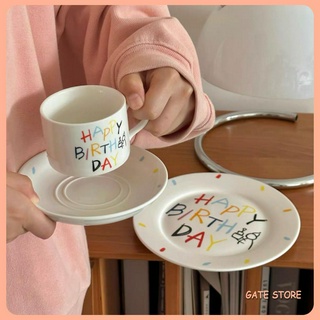Bộ cốc đĩa , bộ đĩa gốm sứ happy birthday vintage phong cách hàn quốc b110