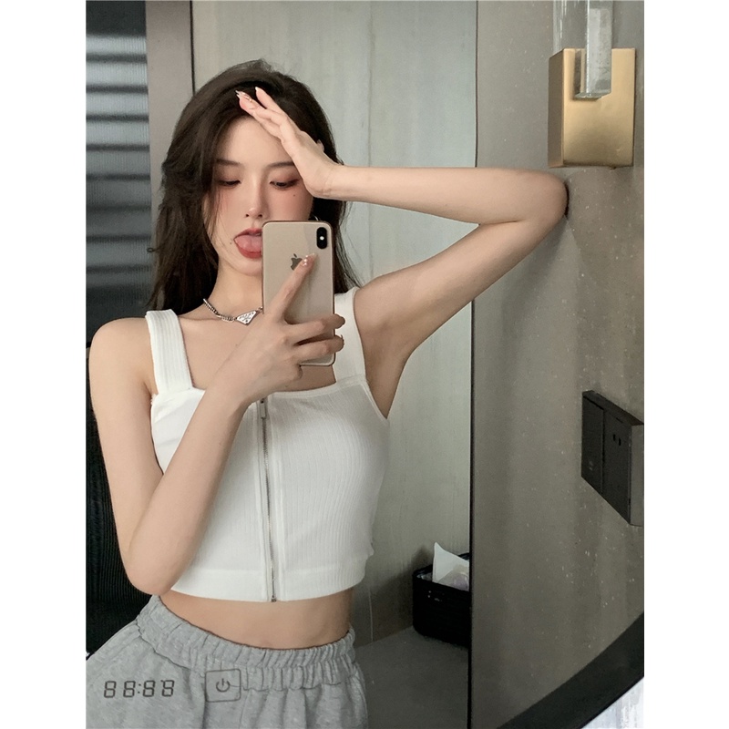 Áo Hai Dây Ngắn Dáng Ôm Có Khóa Kéo Quyến Rũ Thời Trang Hàn Quốc Cho Nữ
