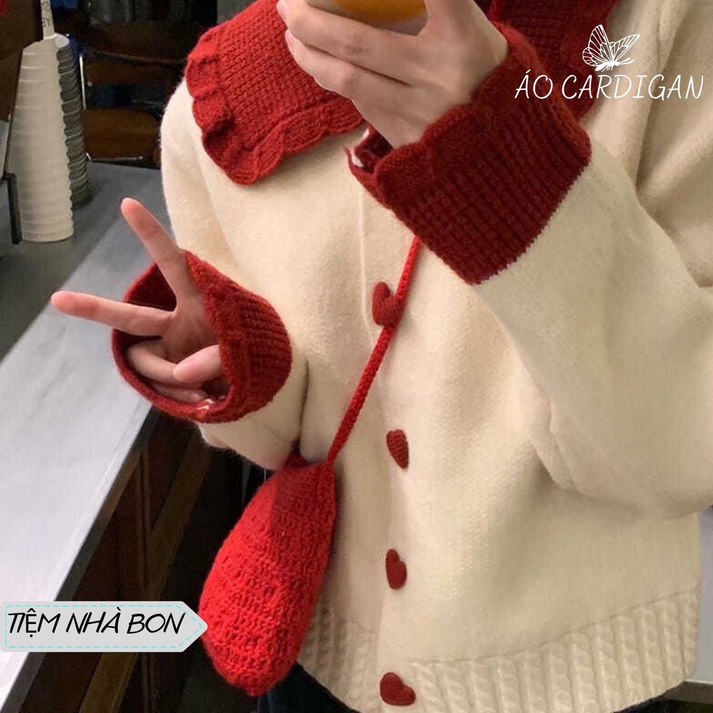 Áo Len Cardigan tiểu thư cổ tim màu đỏ tươi sáng chất len mềm mịn cho nàng dịu dàng nữ tính