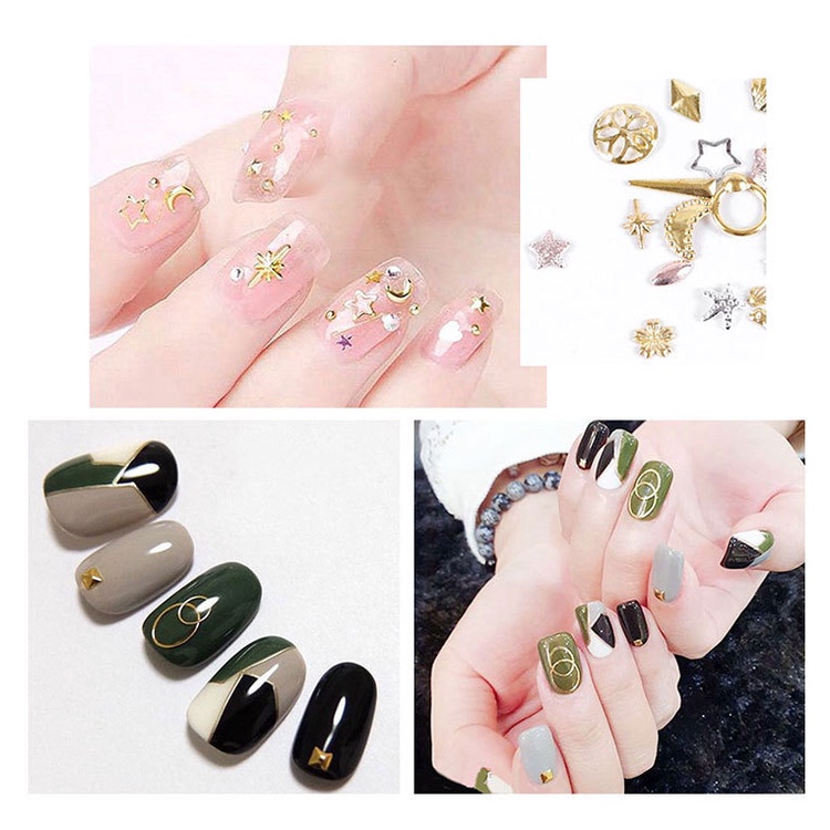 Charm nail phụ kiện sắt mix hình màu vàng bạc , bi nail xích móc bông lúa vỏ sò trang trí móng chuyên nghiệp