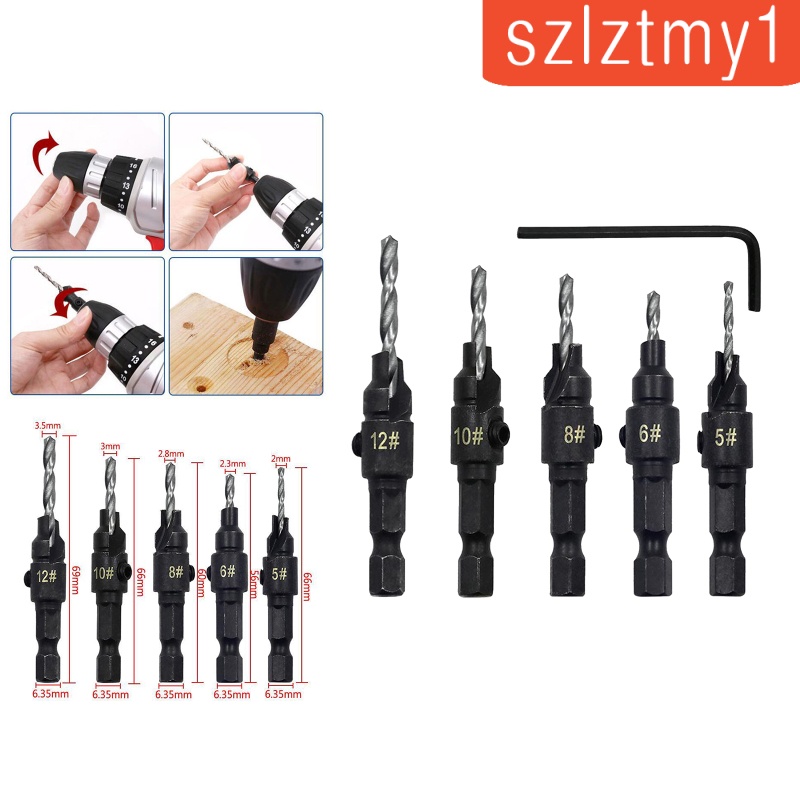 [Thunder]  5 Pcs HSS Steel Countersink Drill Bits with Wrench for Woodworking