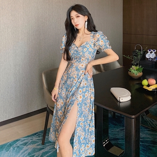 Váy tay ngắn cổ tròn dáng dài rộng thời trang phong cách Châu Âu