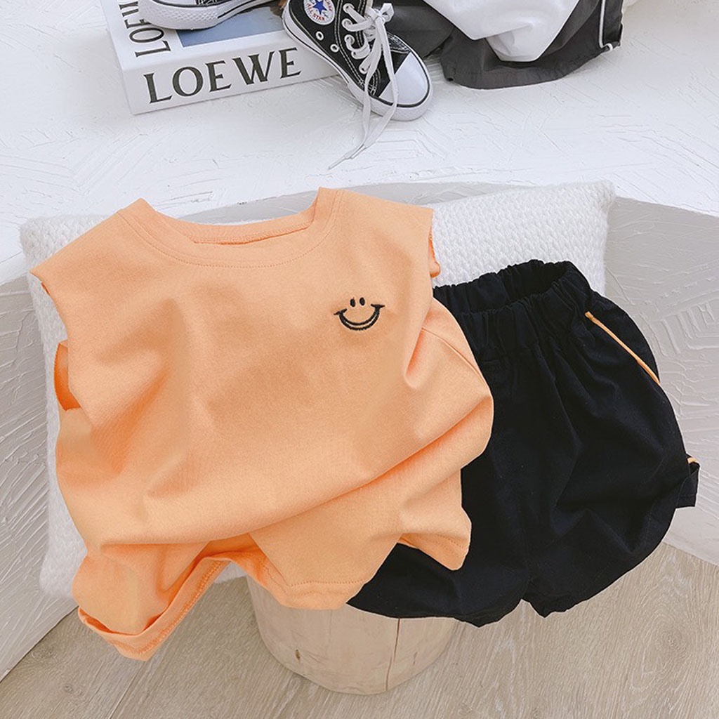 Đồ Bộ Bé Trai LILA KIDS, Bộ Sát Nách Thêu Miệng Cười Phối Quần Viền Cho Bé Từ 7-28kg