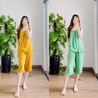 Bộ Pijama lanh lụa NOHK cao cấp mặc nhà cánh tiên quần lửng họa tiết trái tim