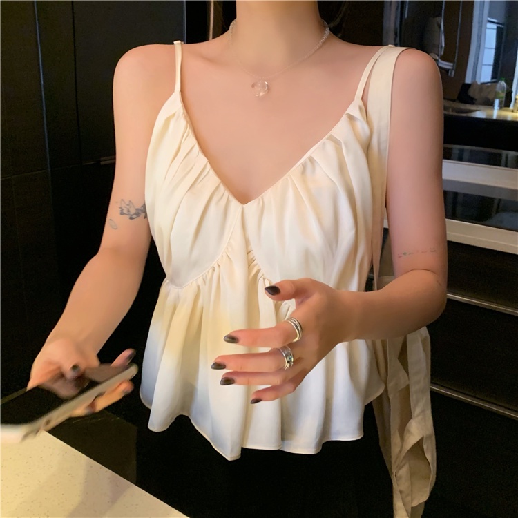 Áo Hai Dây Cổ Chữ V Dáng Rộng Xếp Ly Quyến Rũ Dễ Phối Đồ Phong Cách Hàn Quốc