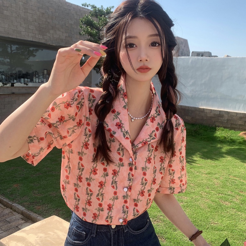 Áo sơ mi SUXI ngắn tay họa tiết hoa vintage cho nữ