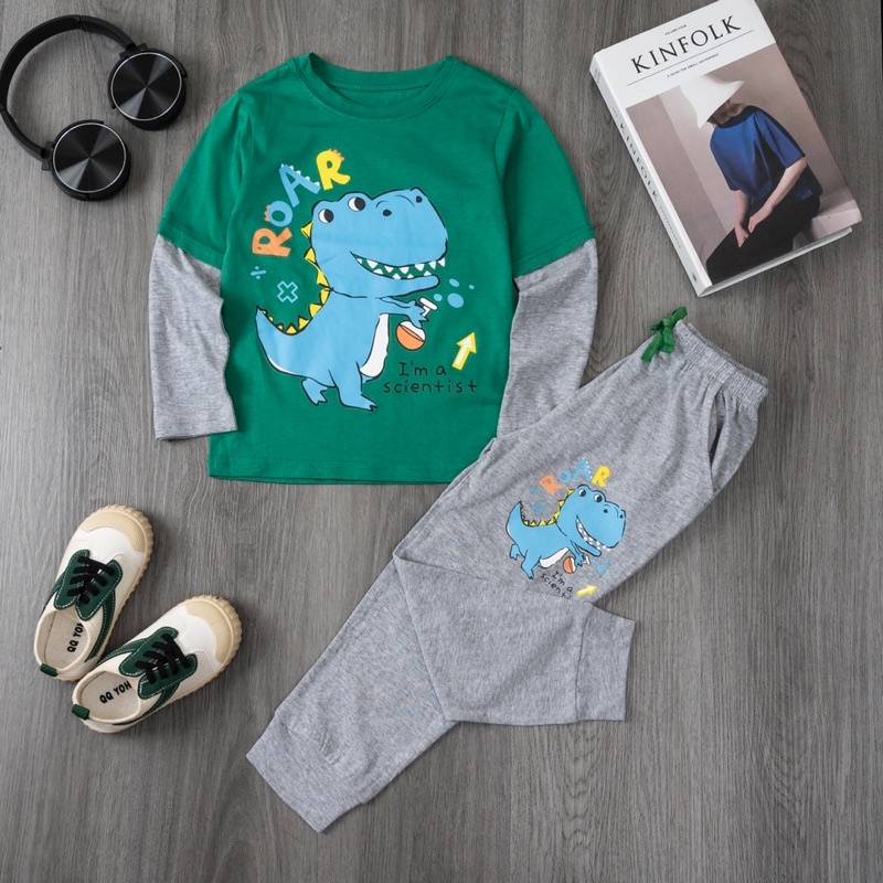 Bộ dài nối tay bé trai Janeshop, Set quần áo dài tay cotton size nhí 2-7