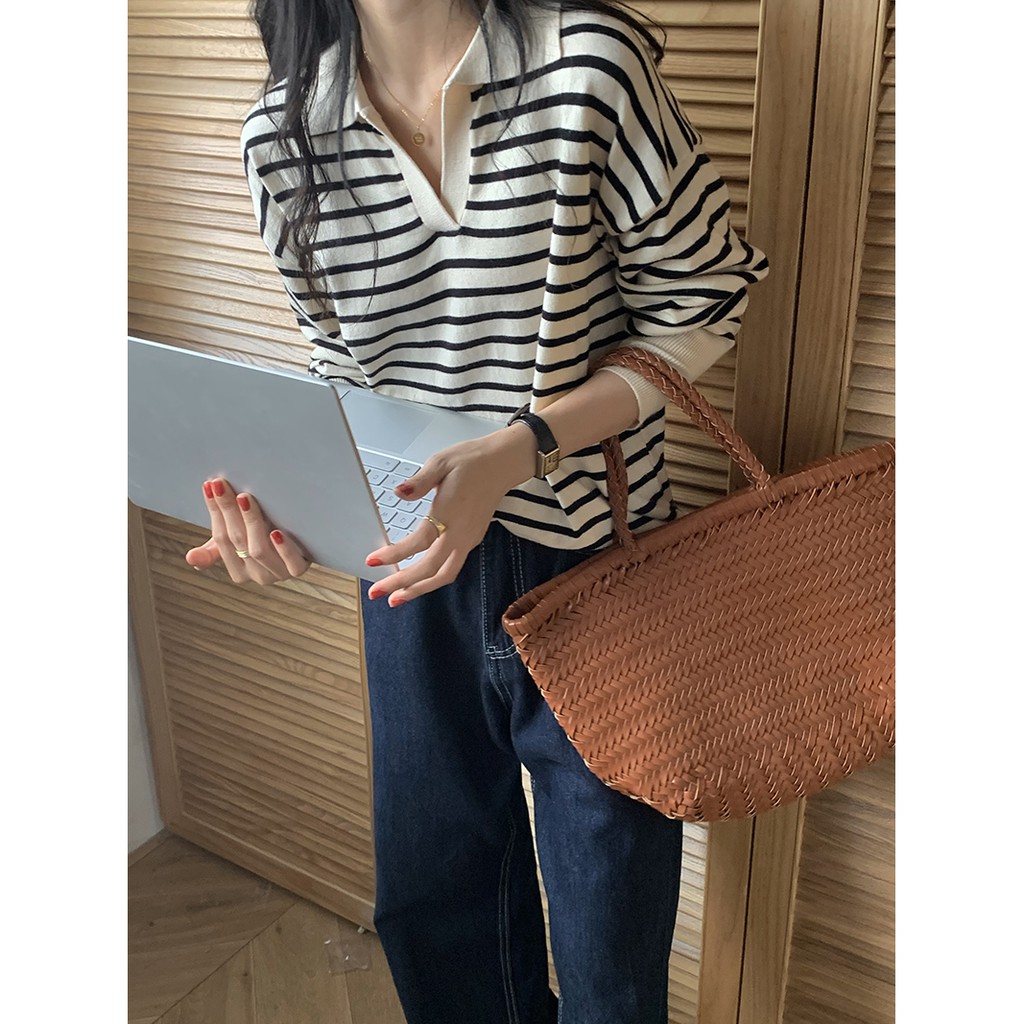 Áo Dệt Kim Tay Dài Cổ Polo Họa Tiết Kẻ Sọc Màu Sắc Thời Trang Cho Nữ