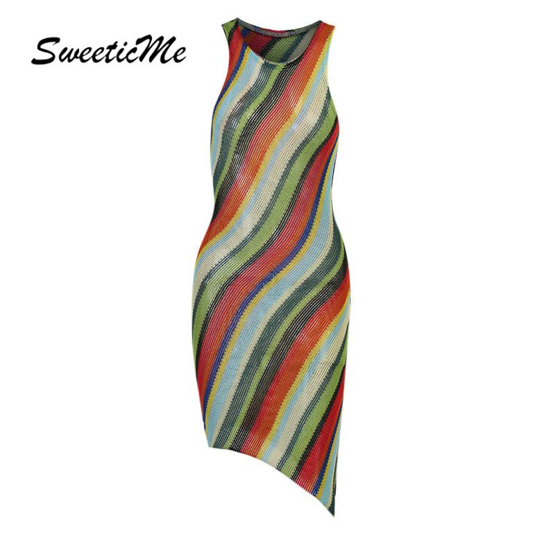 Đầm SweeticMe dáng ôm không tay cổ tròn in sọc mới thời trang 2021 cho nữ