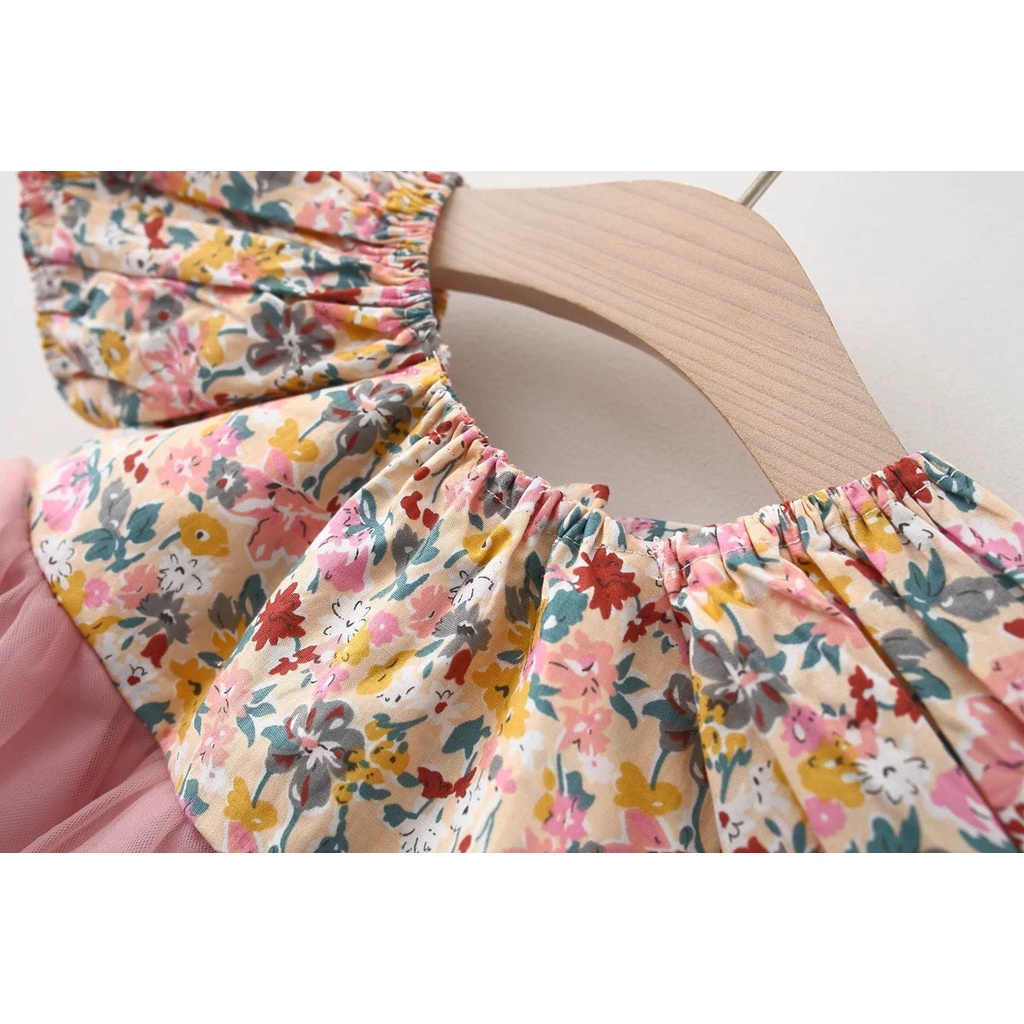(7-14kg) Váy trẻ em Themoon Shop, váy hoa nhí nơ lưng phối voan màu hồng cute cho bé yêu, đầm trẻ con 6 tháng đến 3 tuổi