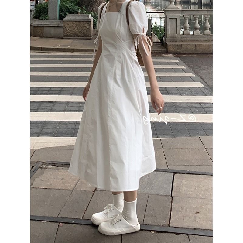 Váy nữ ulzzang mùa hè, đầm trắng cổ vuông thắt nơ tay dáng dài xinh xắn cho đi học, đi chơi siêu xinh