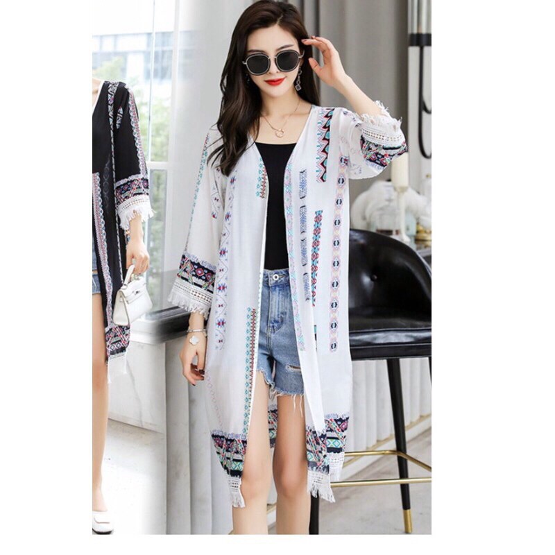 Áo Khoác Cardigan Vải Lanh Mềm Mịn Dáng Dài Hoạ Tiết Hình Học Phong Cách Bohemian - Lucky Girl shop