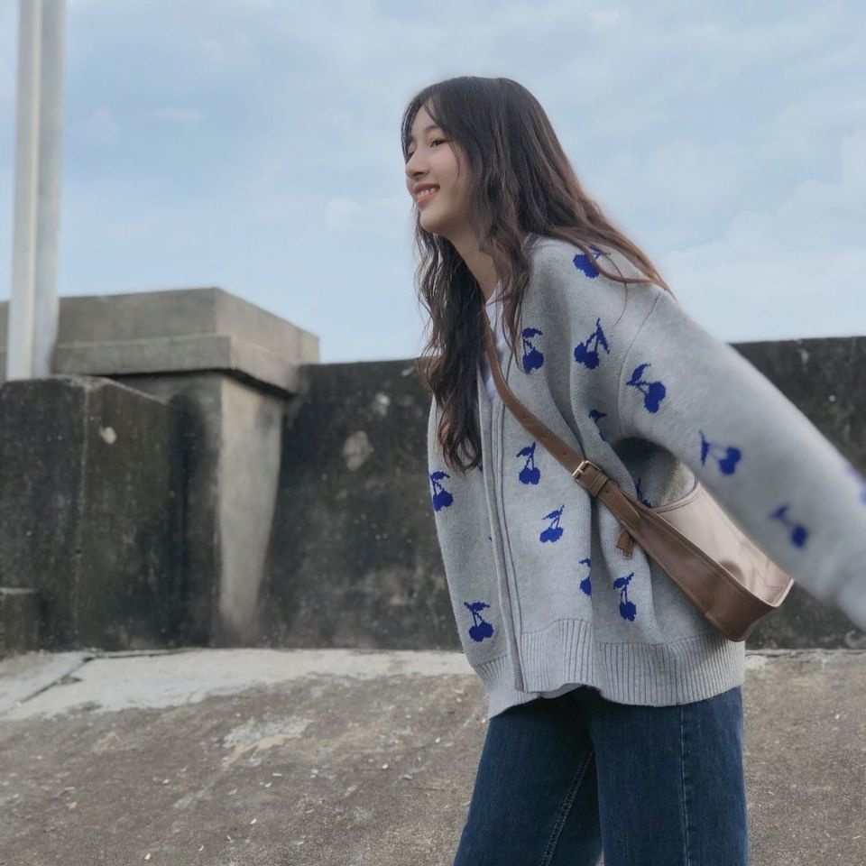Áo Khoác Cardigan Dệt Kim Dáng Rộng In Họa Tiết Cherry Thời Trang Phong Cách Hàn Quốc Cho Nữ