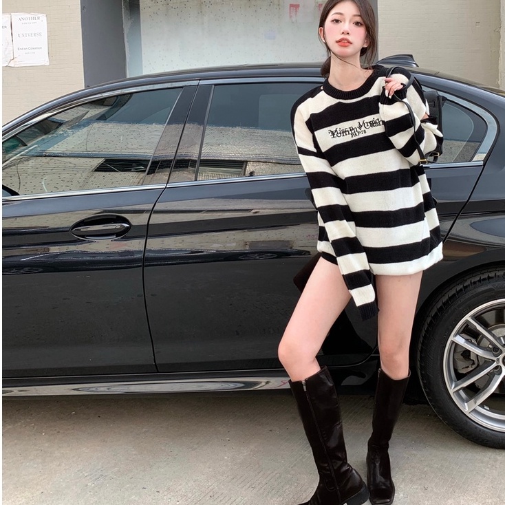 Áo Sweater Dáng Rộng Thêu Họa Tiết Sọc Xinh Xắn Dành Cho Nữ