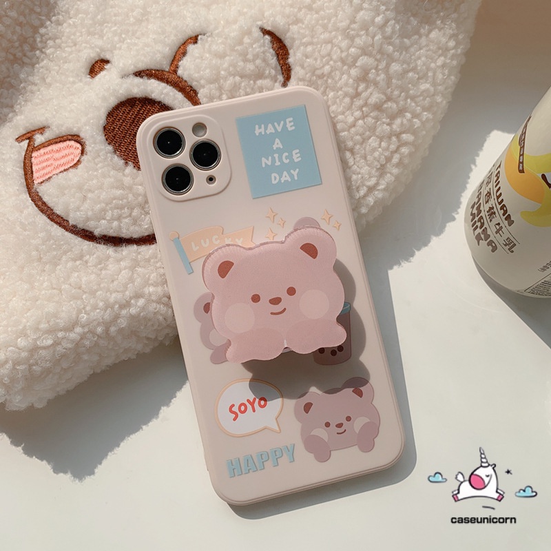 Ốp điện thoại TPU mềm viền suông có giá đỡ đỡ hình gấu đáng yêu cho iPhone11 6 6s 7 8 Plus 11 12 Pro Max X XR XS MAX SE