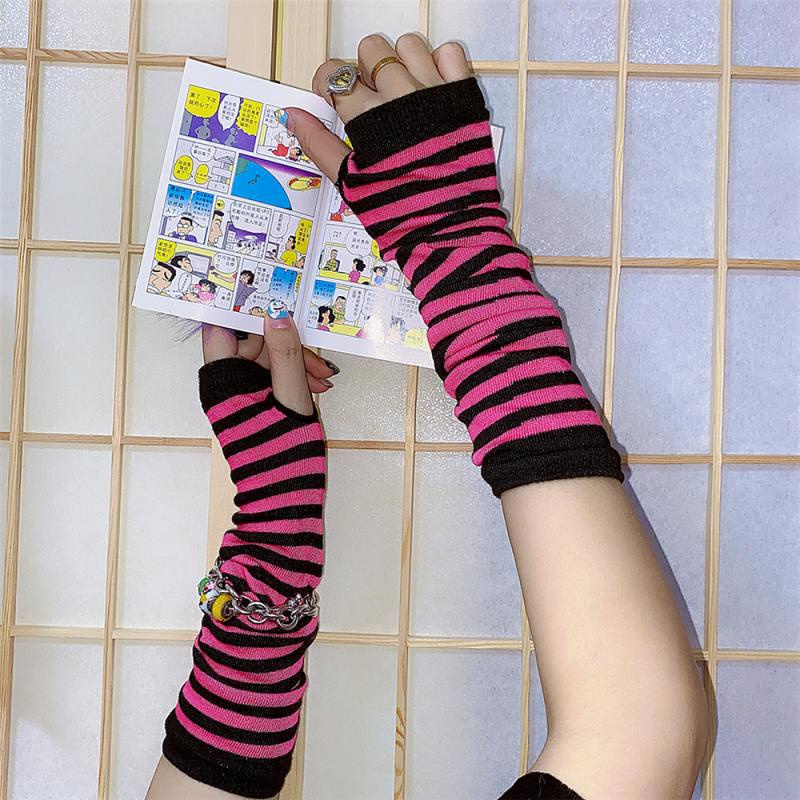 Punk EMO Style Streetwear Women Wrist Arm Warmer Knitted Long Fingerless Gloves Black Mitten Halloween Cross Gloves Dark Moon