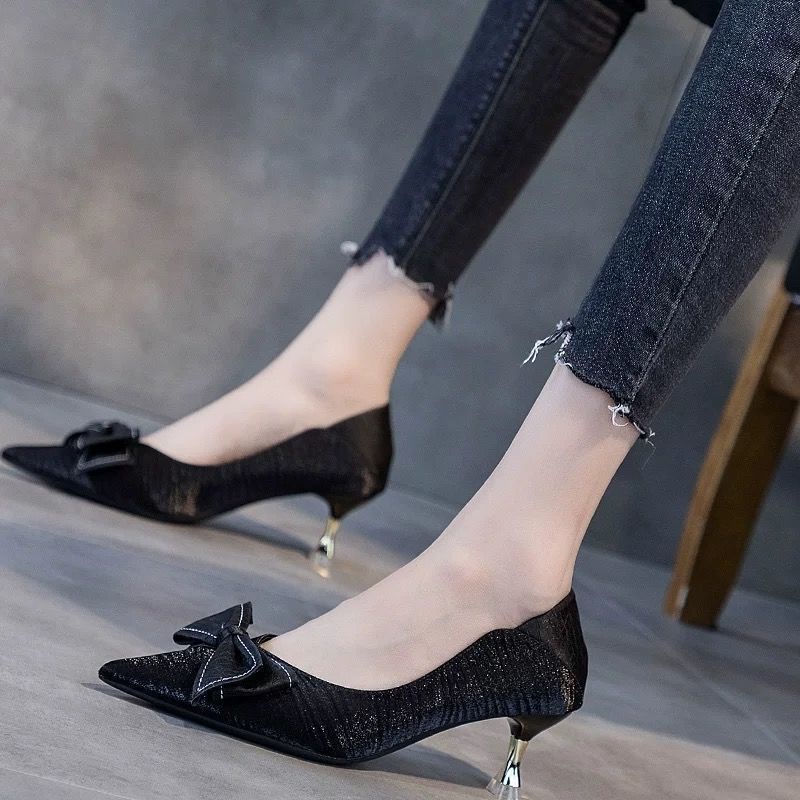 Giày cao gót nữ đính nơ thanh lịch thời trang 2021